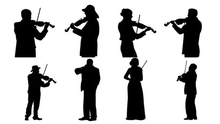 Violin Duet Performance Interaction Silhouettes Collection isolated on plain white background.のイラスト素材