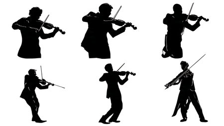 Violinist Playing Pizzicato Plucking Technique Silhouettes isolated on plain white background.のイラスト素材