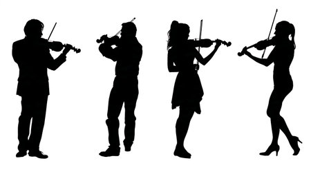 Violinist Posing for a Photoshoot Album Cover Silhouettes isolated on plain white background.のイラスト素材