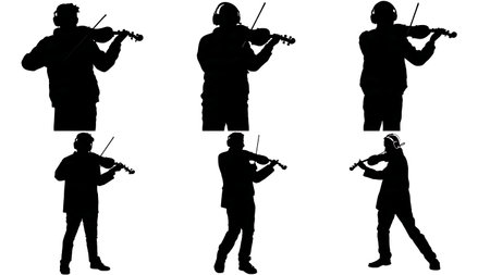 Violinist in a Recording Studio Session Silhouettes Pack isolated on plain white background.のイラスト素材