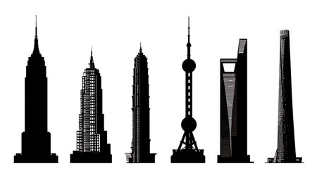 Global Famous Skyscraper Landmark Silhouettes Set isolated on plain white background.のイラスト素材