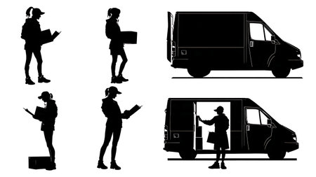 Set of Six Female Courier and Delivery Van Interaction Silhouettes isolated on plain white background.のイラスト素材