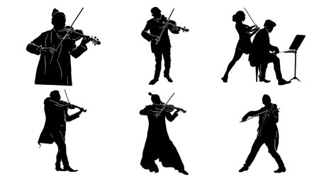 Violinist and Orchestra in an Outdoor Amphitheater Silhouettes isolated on plain white background.のイラスト素材
