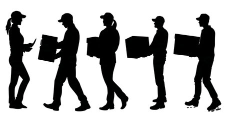 Courier Handling a Customer Return Shipment Silhouettes Set isolated on plain white background.のイラスト素材