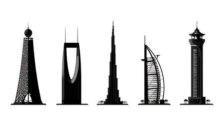 Modern Middle Eastern Architectural Landmark Silhouettes isolated on plain white background.
