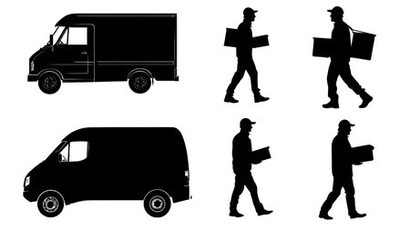 Courier Delivering from a Refrigerated Van Silhouettes Set isolated on plain white background.のイラスト素材