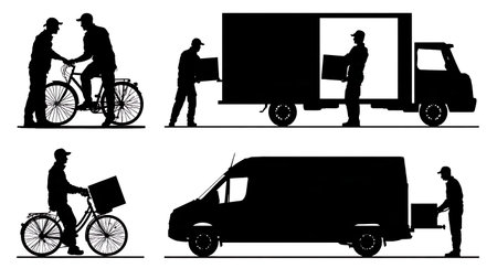 Multi-Modal Delivery with Van and Bicycle Silhouettes Set isolated on plain white background.のイラスト素材