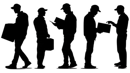 Courier Handling a Customer Return Shipment Silhouettes Set isolated on plain white background.のイラスト素材