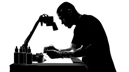 Tattoo Artist Preparing Workstation Silhouettes Set of Six isolated on plain white background.のイラスト素材