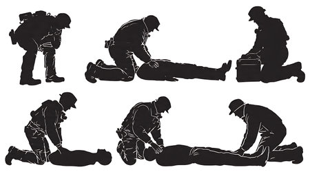 Black Solid Paramedic CPR and First Aid Silhouettes Set isolated on plain white background.のイラスト素材