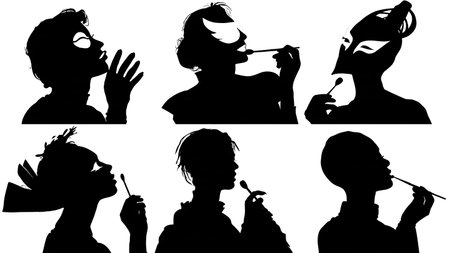 Black Solid Makeup Artist Theatrical Silhouettes Set of Six on White Background isolated on plain white background.のイラスト素材