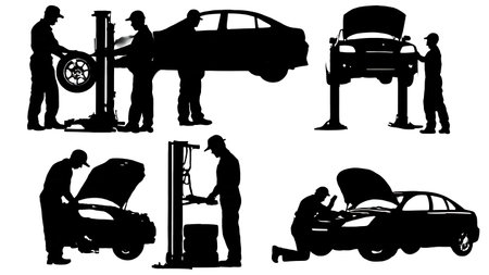 Six Black Solid Auto Mechanic Vehicle Repair Silhouettes isolated on plain white background.のイラスト素材