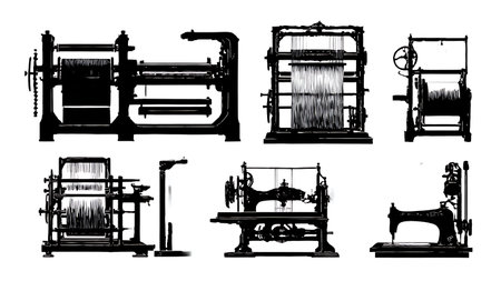 Six Black Solid Bookbinding Machinery Silhouettes isolated on plain white background.のイラスト素材