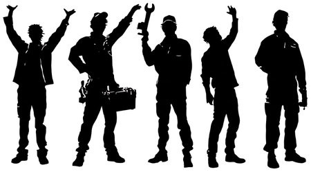 Enthusiastic Apprentice Mechanic Learning Silhouette Collection isolated on plain white background.のイラスト素材