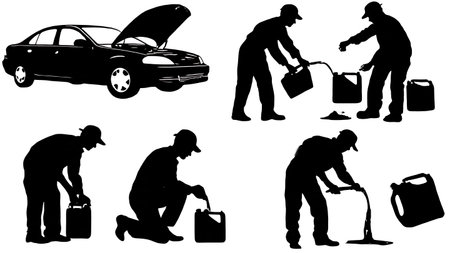 Set of Six Black Solid Auto Mechanic Oil Change Silhouettes isolated on plain white background.のイラスト素材