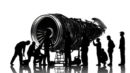 Aviation Mechanic Repairing Aircraft Engine Silhouette Set isolated on plain white background.のイラスト素材