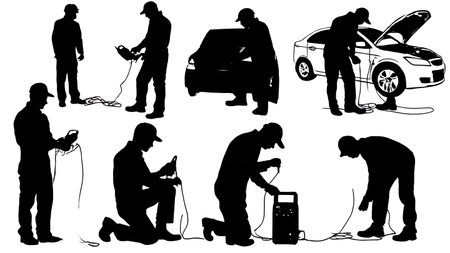 Auto Electrician Diagnosing Vehicle Wiring Silhouette Set isolated on plain white background.のイラスト素材