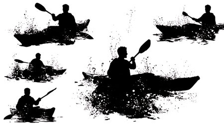 Six Dynamic Black Solid Kayaking Through Bioluminescence isolated on plain white background.のイラスト素材
