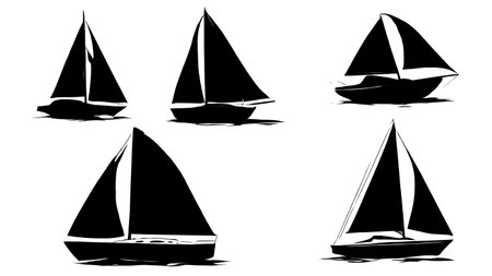 Six Black Solid Sailing in Calm Conditions isolated on plain white background.のイラスト素材