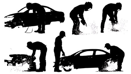 Six Mechanic Silhouettes Welding Car Parts Vector Set isolated on plain white background.のイラスト素材