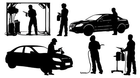 Automotive Painter in Spray Booth Silhouette Collection isolated on plain white background.のイラスト素材