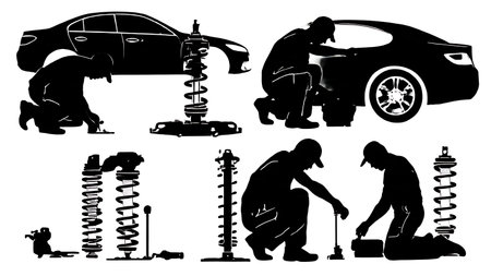 Black Solid Car Suspension Repair Mechanic Silhouettes isolated on plain white background.のイラスト素材