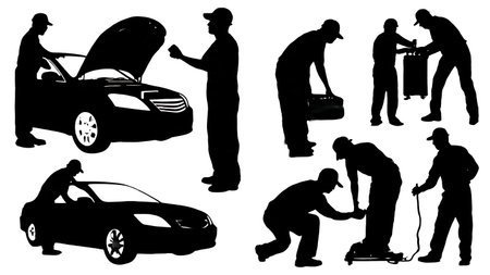 Car Air Conditioning (HVAC) Mechanic Silhouette Set isolated on plain white background.のイラスト素材