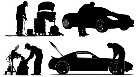 Car Customizer Mechanic Fabricating Parts Silhouette Set isolated on plain white background.のイラスト素材