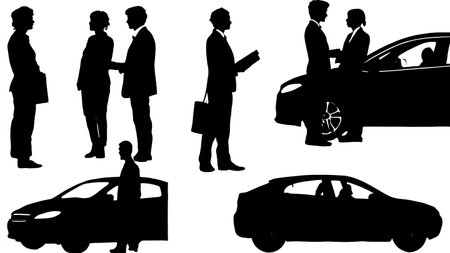 Set of Six Black Solid Car Shopper Silhouettes isolated on plain white background.のイラスト素材