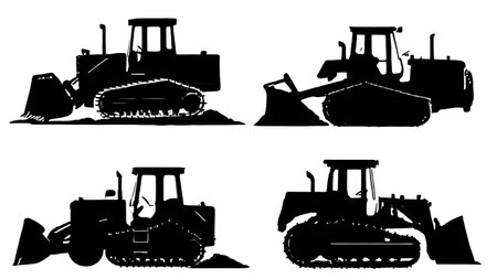 Collection of Six Black Solid Bulldozer Earth Pushing Silhouettes isolated on plain white...