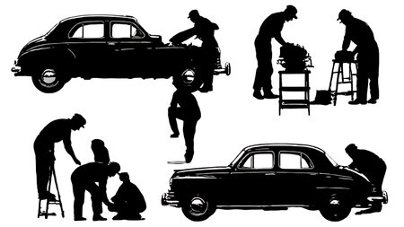 Classic Car Restoration Specialist Silhouette Set of Six isolated on plain white background.のイラスト素材