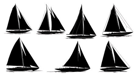 Six Black Solid Classic Yacht Race isolated on plain white background.のイラスト素材