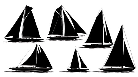Six Black Solid Classic Yacht Race isolated on plain white background.のイラスト素材