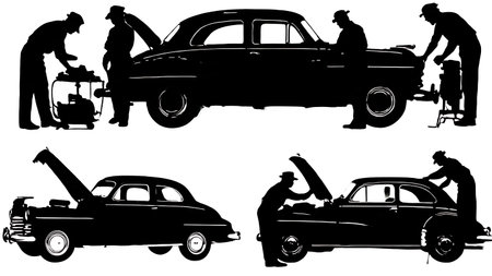 Classic Car Restoration Specialist Silhouette Set of Six isolated on plain white background.のイラスト素材