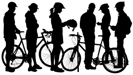 Six Dynamic Black Solid Cycling Shop Customer Silhouettes isolated on plain white background.のイラスト素材