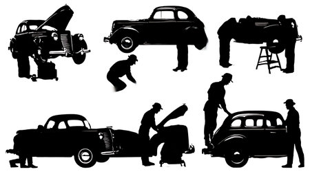 Classic Car Restoration Specialist Silhouette Set of Six isolated on plain white background.のイラスト素材