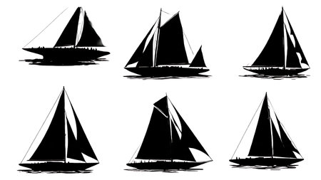 Six Black Solid Classic Yacht Race isolated on plain white background.のイラスト素材