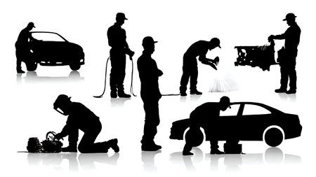 Six Mechanic Silhouettes Welding Car Parts Vector Set isolated on plain white background.のイラスト素材