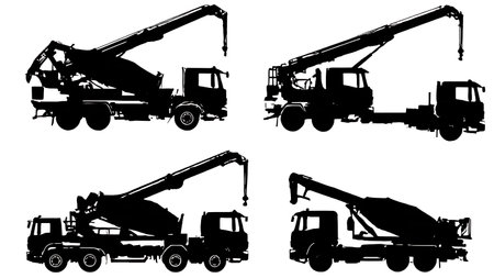 Six Black Solid Concrete Pump Truck Silhouettes isolated on plain white background.のイラスト素材