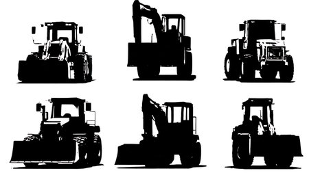 Set of Six Black Solid Construction Equipment Front View Silhouettes isolated on plain white background.のイラスト素材