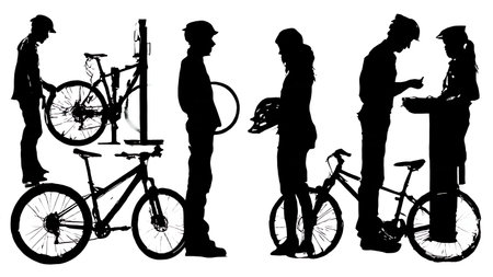 Six Dynamic Black Solid Cycling Shop Customer Silhouettes isolated on plain white background.のイラスト素材