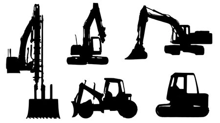Six Black Solid Construction Attachment Silhouettes isolated on plain white background.のイラスト素材