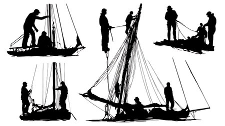 Six Black Solid Dismasted Sailboat Silhouettes isolated on plain white background.のイラスト素材