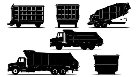 Collection of Six Black Solid Dumpster and Roll-Off Silhouettes isolated on plain white background.のイラスト素材
