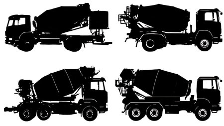 Collection of Six Black Solid Concrete Mixer Truck Silhouettes isolated on plain white background.のイラスト素材