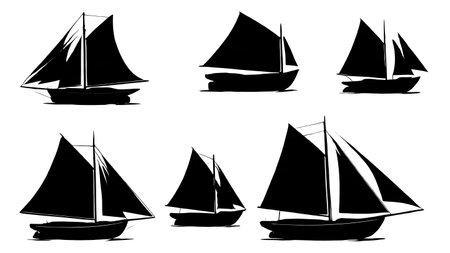 Six Black Solid Gaff Rigged Sailboat Silhouettes isolated on plain white background.のイラスト素材