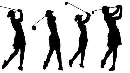 Collection of Six Black Solid Elegant Female Golfer Swing isolated on plain white background.のイラスト素材