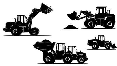 Six Black Solid Front-End Loader Scooping Silhouettes isolated on plain white background.のイラスト素材