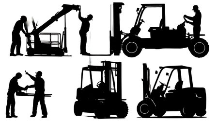 Collection of Six Black Solid Forklift Mechanic Silhouettes isolated on plain white background.のイラスト素材