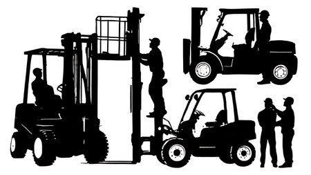Collection of Six Black Solid Forklift Mechanic Silhouettes isolated on plain white background.のイラスト素材